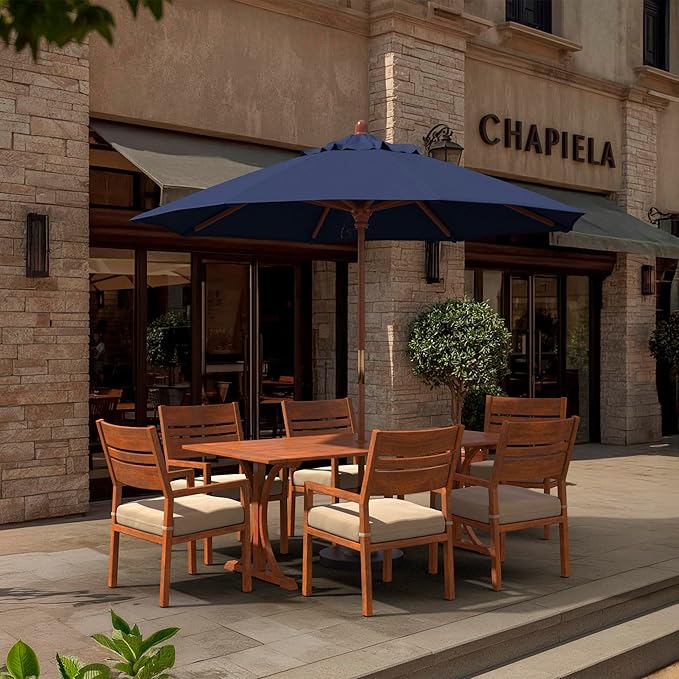 California Umbrella 9' Premium Commercial Hardwood Patio Umbrella, Manual Lift With Sunbrella Navy Fabric