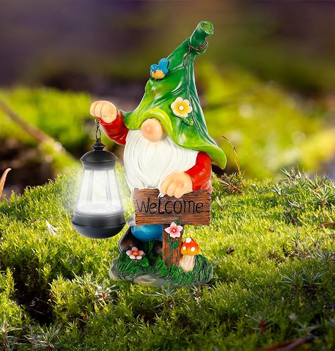 Garden Gnome Statue, Resin Figurine with Bright Solar Lantern Lights and Welcome Sign, Outdoor Solar Illumination Decorations for Indoor Patio Lawn Garden Room,Birthday Housewarming Gift