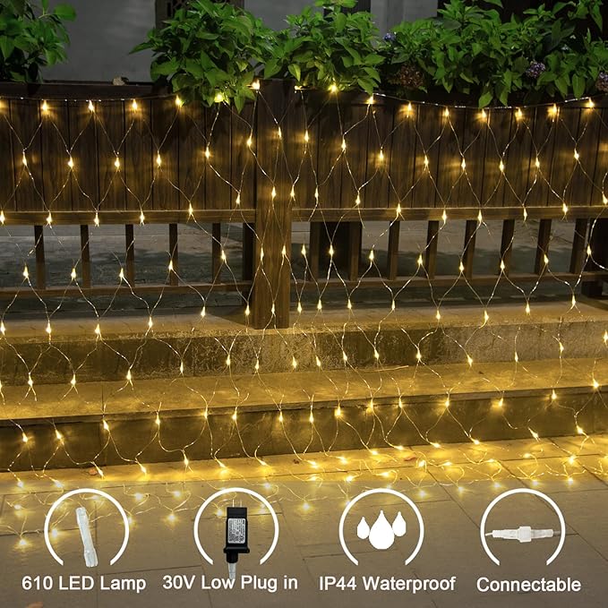 Lovelite 610 LED Christmas Net Lights, 34.5ft x 5ft Mesh Lights Outdoor Clear Wire 8 Modes, Waterproof Connectable String Lights Plug in for Bushes Xmas Tree Garden Holiday Party Decor - Warm White