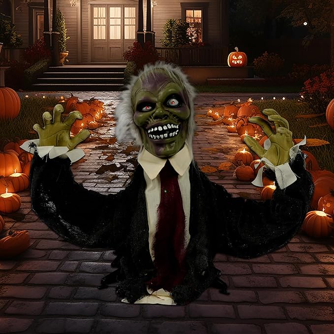 Hourleey Halloween Decorations Outdoor, Animated Scary Zombie Groundbreaker with Creepy Sound, Animatronics Glowing Eyes Zombie Props for Outside Graveyard Lawn Yard Haunted House Decor