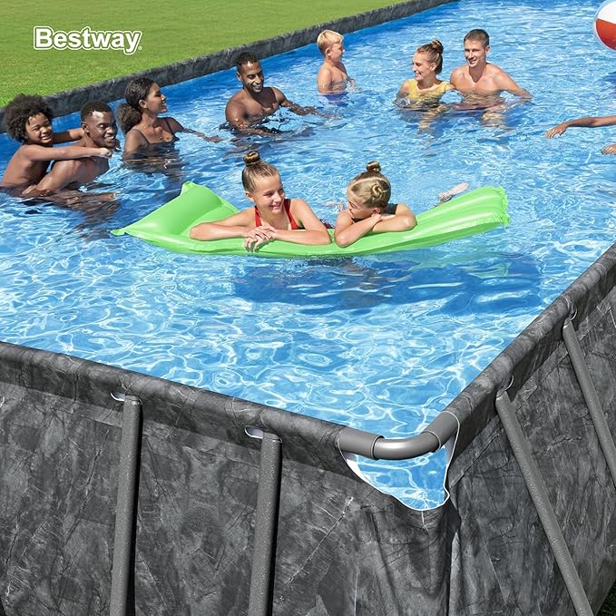 Bestway APX 365 18' x 9' x 52" Rectangular Above Ground Swimming Pool Outdoor Backyard Framed Pool Set with Sand Filter Pump, Ladder, and Cover, Gray