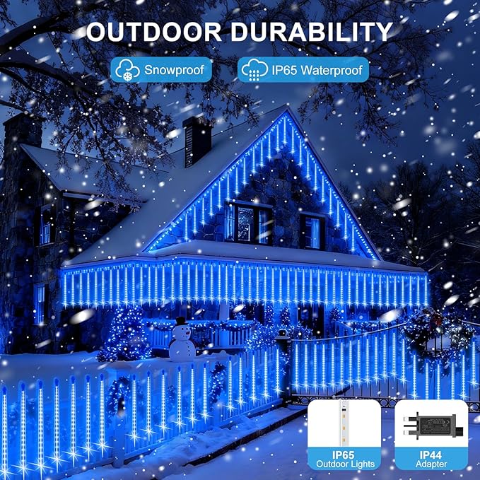PEMOTech Christmas Lights Outdoor,16 Tubes (Equivalent to 2 Sets of 8-Tubes) Meteor Shower Lights,Waterproof Christmas Decorations for Xmas Tree Party, Outdoor Christmas Decorations,UL Plug,Blue
