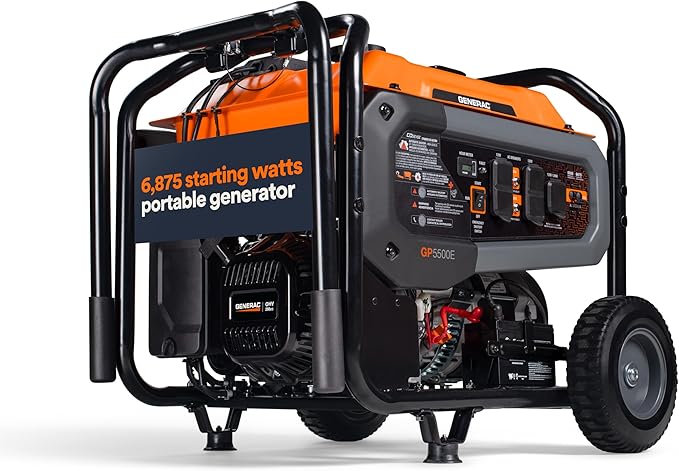 Generac 6,875 Starting Watt Portable Gas Generator - Electric Start - Home Backup or RV Ready - Heavy Duty Frame - Quiet, Long Runtime, Emergency Power - 50-State Compliant