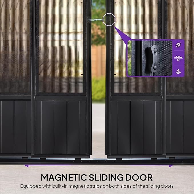 PURPLE LEAF 12' X 14' Sunroom Patio Hardtop Gazebo Double Top Galvanized Steel Screen House Aluminum Sun Room Outdoor Solarium for Garden Backyard and 24 Solar String Light