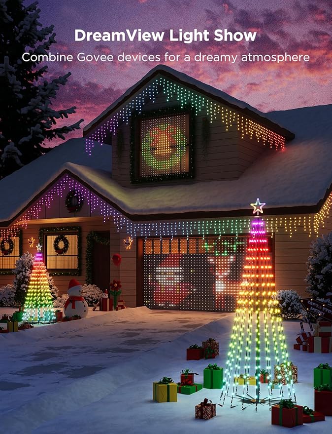 Govee Christmas Cone Tree Lights, 6ft 316 LEDs RGBIC Christmas Tree Lights with Smart App Control, IP67 Waterproof Outdoor String Lights for Xmas Decorations, 82+ Scene Modes, Music Sync, Black Stand