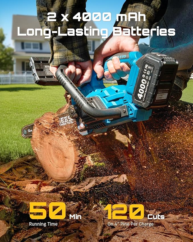 SEESII Electric Chainsaw Cordless 12-inch: Brushless Battery Powered Small Chainsaw, 2 x 4.0Ah Batteries, Auto-Tension and Oiling Mini Chain Saw for Christmas Dad Men Gifts, Tree Cutting Trimming