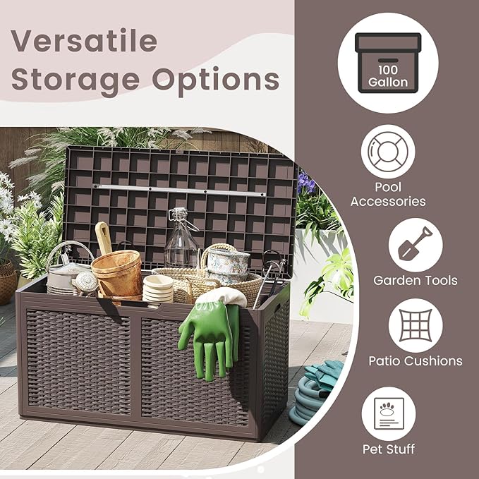HAPPYGRILL 100 Gallon Resin Deck Box Outdoor Waterproof Storage with Lockable Lid, Rattan Texture Storage Container with Wheels for Pool Accessories, Garden Tool, Patio Furniture Cushion (Brown)