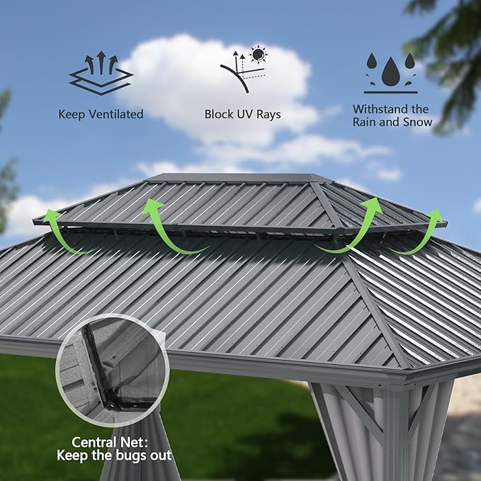 Domi 12x14FT Outdoor Gazebo, Hardtop Gazebo with Galvanized Steel Double Roof, Metal Gazebos with Drainage System Patio Pergola for Patio Deck Backyard,Curtain and Netting, Gray