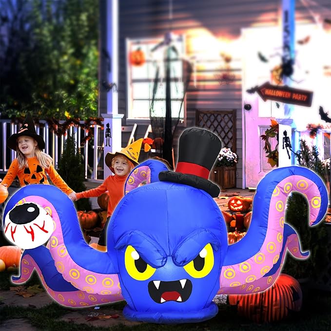 7FT L x 3FT H Halloween Inflatable Octopus Catching Eyeball Halloween Inflatable Giant Sea Monster with Build-in LED Lights, Blow up Halloween Outdoor Indoor Decorations Large Party Yard Decoration