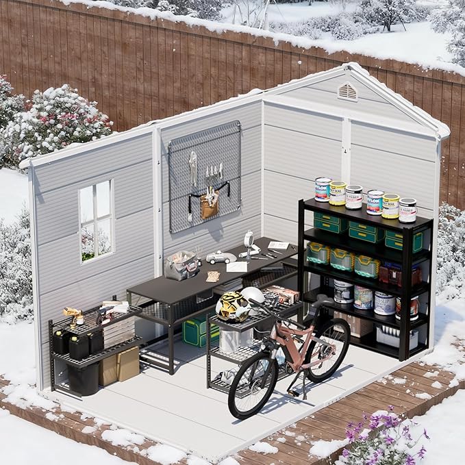 8X6 FT Resin Outdoor Storage Shed with Floor,Water Drainge Roof Plastic Sheds with Windows and Lockable Doors,Thickened Panel All-Weather Resistant Tool Storage Shed for Garden Backyard Patio, Grey