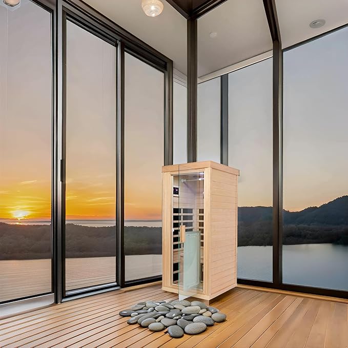 1 Person Infrared Sauna Indoor Sauna Room for Home, 8pcs Infrared Carbon Heating Panels, Hemlock Personal Saunas with Clothing Hanging Rod, LCD Display, Blue-Tooth, LED Reading Lamp