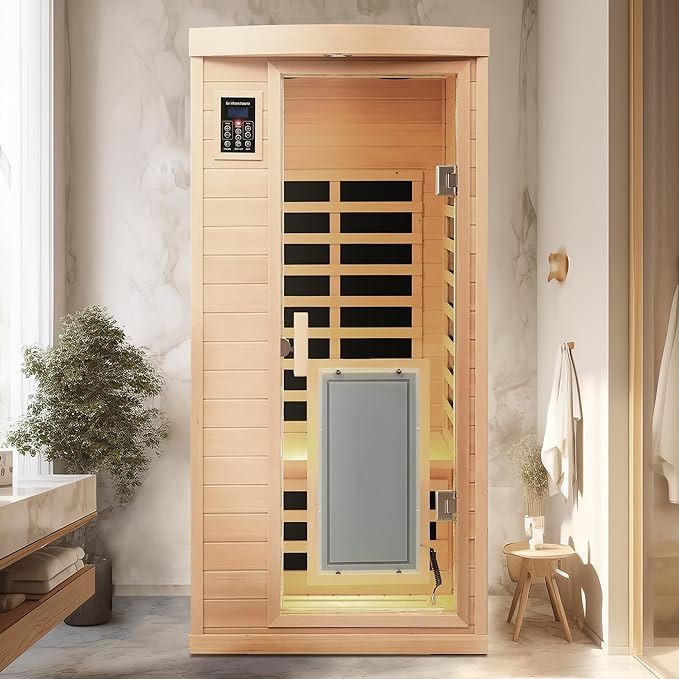 Infrared Sauna for 1 Person Hemlock Far-Infrared Single Person Indoor Sauna with LCD Display, Touch Control Audio System, LED Reading Light, Natural
