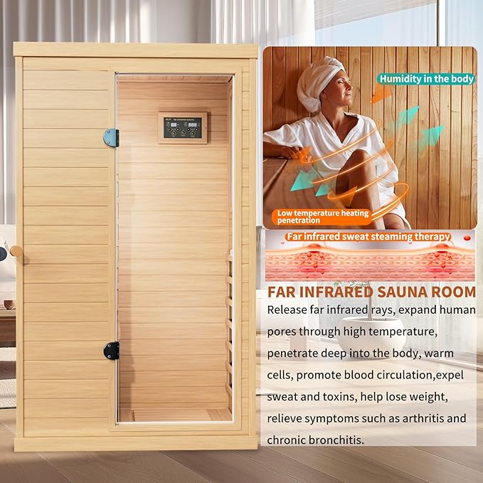 Infrared Wooden Sauna 1 Person Infrared Saunas for Home Dry Sauna for Home,Low Emf Infrared Sauna 1050W Indoor Saunas,Traditional Sauna,Bluetooth Speakers, Reading Lamps,Room:63 * 28.74 * 36.61Inch