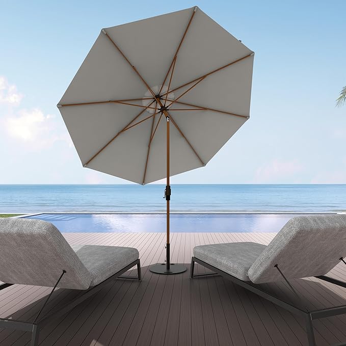 Midtown Umbrellas The Wooden 2-10 Feet Large Patio Umbrella, Terylast Matter Grey Fabric - Auto-Tilt Aluminum Frame For Backyard Umbrella, Deck Umbrella, Garden Umbrella & Pool - Wooden Pole