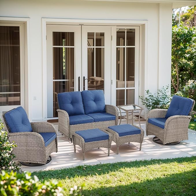 6 Piece Patio Furniture Set - Wicker Patio Conversation Set with Swivel Glider, Glider Loveseat, Tempered Glass Side Table and 2 Ottomans for Deck Backyard - Grey Wicker Blue Cushion