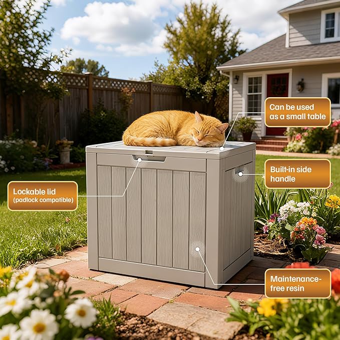 31 Gallon Deck Box, Small Outdoor Storage Box Waterproof, UV-Resistant and Weatherproof Outside Resin Storage Bin for Outdoor Patio Furniture Pillows, Pool Supplies, Garden Tools, Light Brown