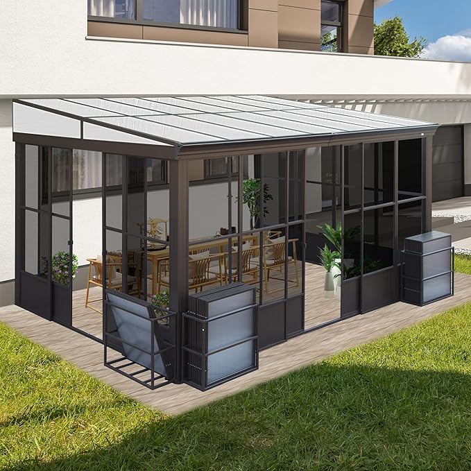 10x12FT Wall Mounted Sunroom, Outdoor Permanent Lean-to Solarium with Detachable Polycarbonate Roof, 2 Lockable Sliding Doors, Aluminum Gazebo Against The Wall Sun Room for Garden Patio Deck