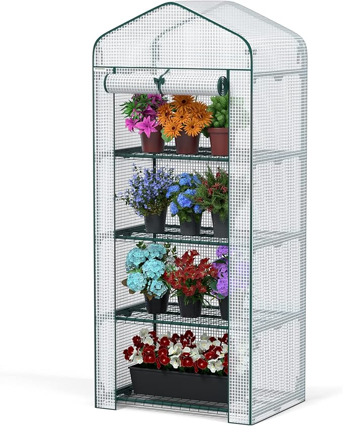 WORKPRO Mini Greenhouse, 4-Tier Portable Small Greenhouses for Outdoor Indoor with Shelves and Thicken PE Cover, White - 27" L x 19" W x 63" H, Ideal Gardening Gifts for Women Men