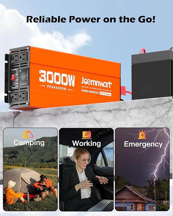 3000W Power Inverter 12V DC to 120V AC Car Converter for RV Truck Inverter with 4 AC Outlets, USB/Type-C Fast Charging Ports, LCD Display