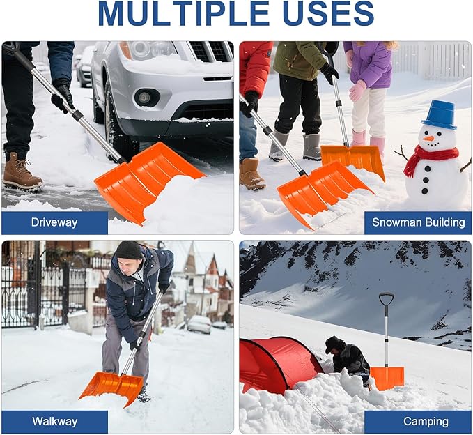 Ergonomic Large Snow Shovel for Driveway: 48-Inch Dual-Lock Knob Anti-Wobble Handle, 16" Plastic Blade w/Metal Edge, Ultra-Light 1.9 lb, Portable Aluminum Shaft, Car, Camping & Emergency, Orange