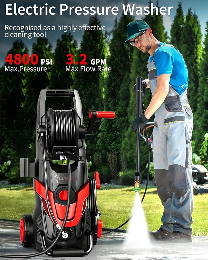 LANCHEZ Pressure Washer 4800PSI with 4 Quick Connect Nozzles, Inlet Hose & Filter&500ML Foam Cannon, Power Washer for Cars/Fences/Driveways/Patios/Home Cleaning (Red)