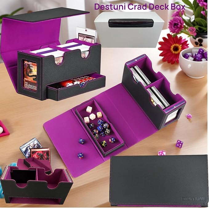 Card Deck Box for mtg – Fits 100+ Double-Sleeved Cards, Dual Commander Display with Dice Tray, PU Leather Organizer for TCG, CCG, Sports Cards (Black&Purple)