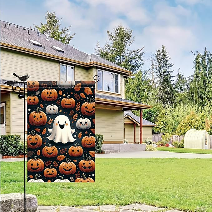 Halloween Pumpkin Ghost Garden Flag 12x18 Inch Double Sided for Outside Cute Ghost Pumpkin Yard Flag for Outdoor Holiday Home Decor