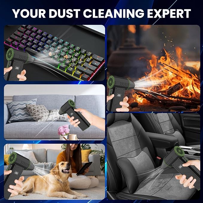 Compressed Air Duster with Flashlight, 180000RPM Electric Air Duster with 4 Gear, 10000mAh Rechargeable Air Blower with LED Light, Air Duster for Car, Computer, Keyboard, Outdoors, Home (Green)