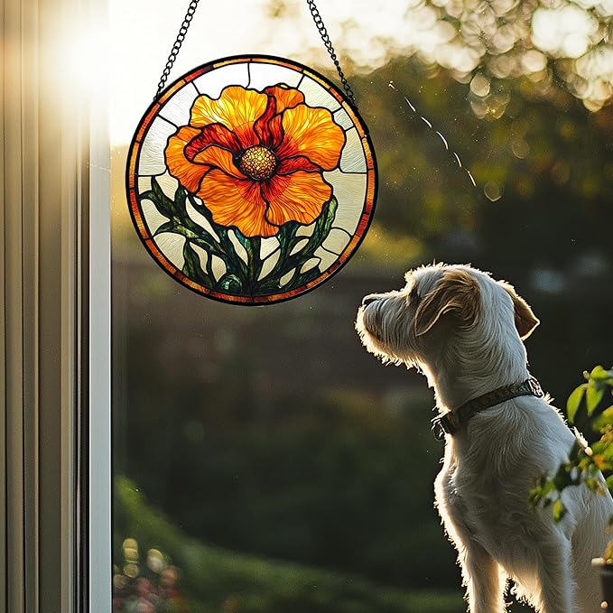 Stained Glass Window Hanging - Orange Poppy Birth Flower Suncatcher for Door Garden Yard Retro Sun Catchers Decor Christmas Mother's Day Birthday Gifts for Women Mom Nana Friend 15 in