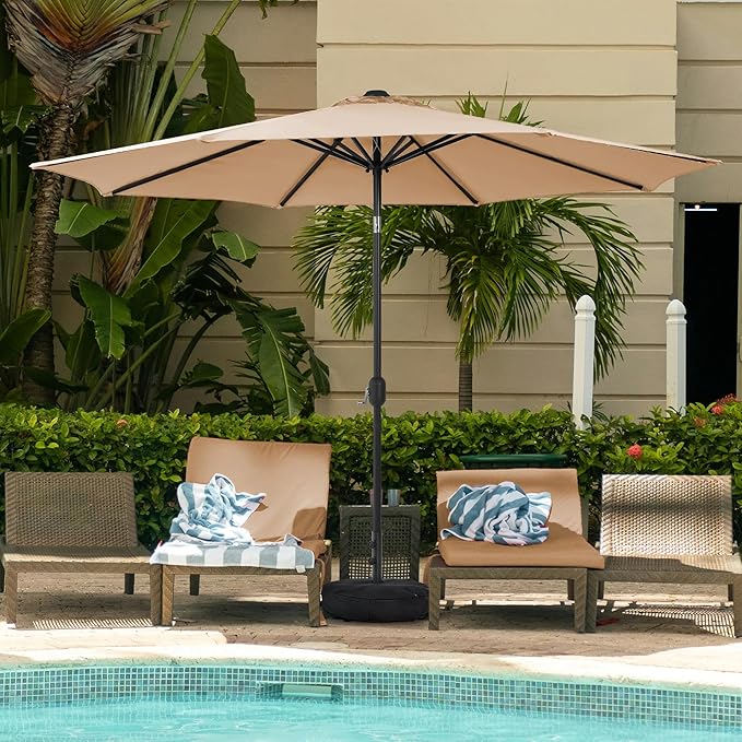 Sundale Outdoor 11 ft Patio Umbrella with Sand Bag Umbrella Base Included, Outdoor Umbrella with Tilt and Crank, Tan