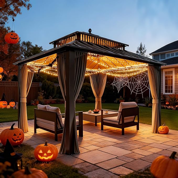 SUNJOY Kingston 12' x 10' Hardtop Gazebo with Galvanized Steel Double Roof, Curtain and Netting, Gray Aluminum Posts Permanent Pavilion Gazebo for Garden, Patio, Deck, Lawn