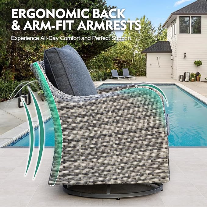 MEISSALIVVE 9 Pieces Patio Furniture Set with 43" Fire Pit Table, Wicker Patio Conversation Set with Swivel Rocking Chairs, Outdoor Patio Set for Lawn Backyard Porch (Grey)