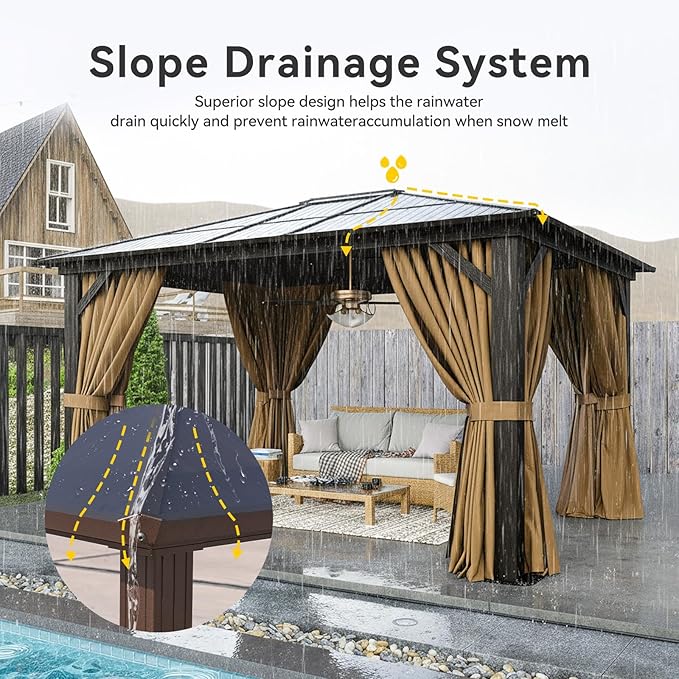 Aoxun 10' x 12' Gazebo Single Polycarbonate Top, Outdoor Aluminum Frame Permanent Gazebo with Curtains and Netting, for Patio, Party, Backyard, Garden and Lawn