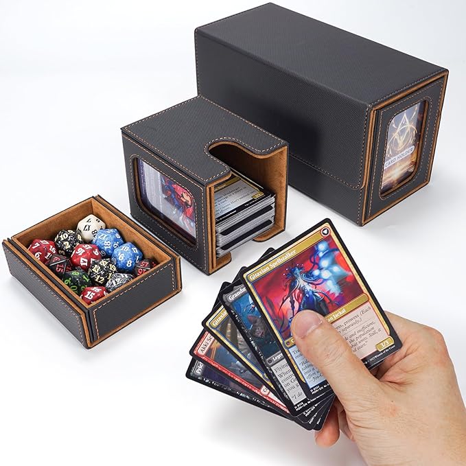 AFIING MTG Commander Deck Box 200 Double Sleeved Cards Storage, 3-in-1 Magnetic Card Case Organizer for Magic: The Gathering TCG CCG, 4 Dividers & 2 Toploaders (Black/Gold)