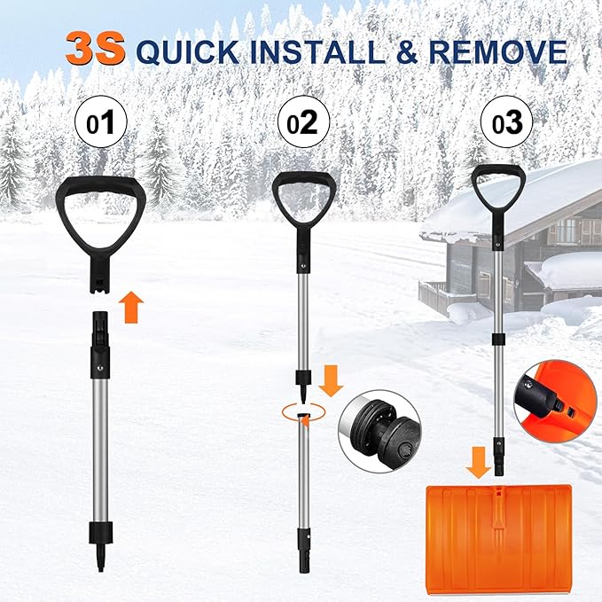 Ergonomic Large Snow Shovel for Driveway: 48-Inch Dual-Lock Knob Anti-Wobble Handle, 16" Plastic Blade w/Metal Edge, Ultra-Light 1.9 lb, Portable Aluminum Shaft, Car, Camping & Emergency, Orange