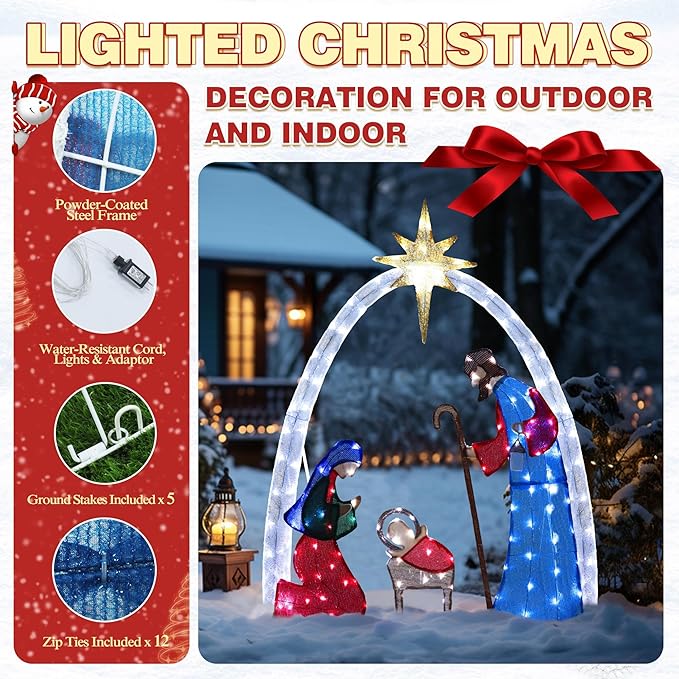MUPATER 5ft Lighted Outdoor Christmas Decoration Nativity Scene, Lighted Christmas Yard Decor Nativity Set for Lawn and Home Holiday Party with Lights, Ground Stakes and Zip Ties, Multicolor