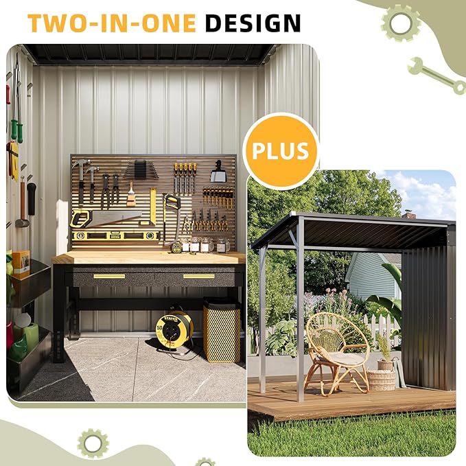 AECOJOY 10x4FT Metal Lean to Shed with Open-Sided Pergola, 5x3 FT Outdoor Storage Shed & 5x3 Attached Hardtop Gazebo Combo, 30 Sq.Ft Covered, 2-in-1 Small Sheds & Outdoor Storage for Patio