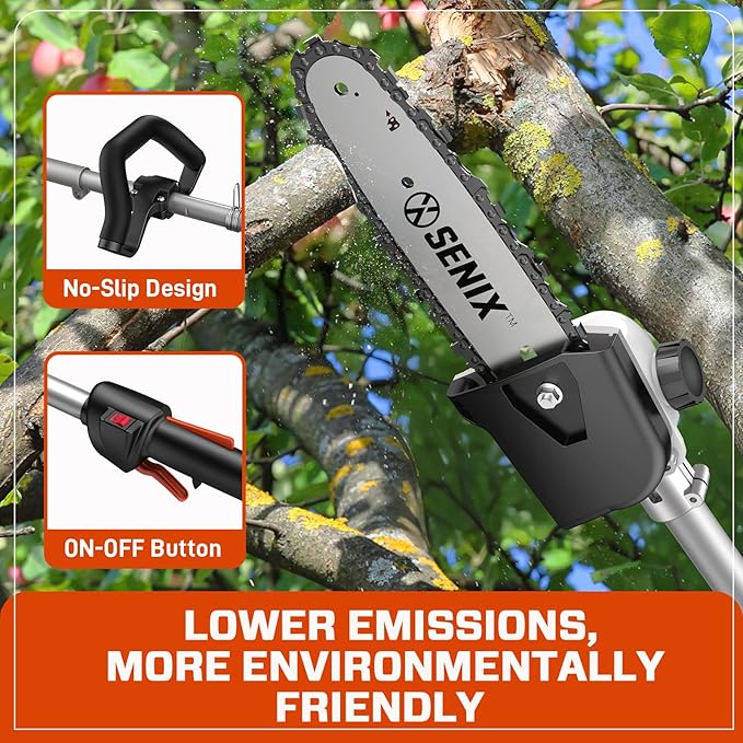 SENIX 26.5cc 4-Stroke Gas Pole Saw | No Oil Mixing | Fuel Efficient | 8-Inch Bar & Chain | Extension Pole up to 14 Ft | High Torque Power Pruner Pole Chainsaw for Tree Trimming & Limb Cutting