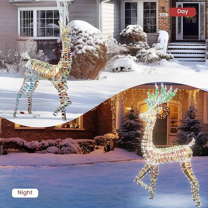 AWQM 3-Piece Lighted Christmas Reindeer, Christmas Deer Family Set, 50+80+100 LED Lights, Indoor or Outdoor Christmas Holiday Decoration for Yards Garden Lawn Patio Light Up Display, Iridescent