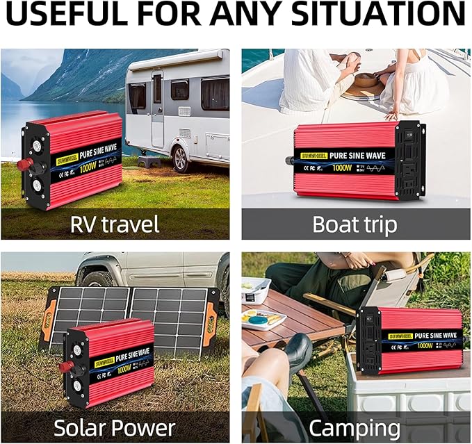 SUNWHEEL 1000W 24V Pure Sine Wave Inverter, 24V DC to 110V/120V AC Power Inverter for RV、Off Grid、Truck、Power Outage with 2 AC outlets and LCD Display