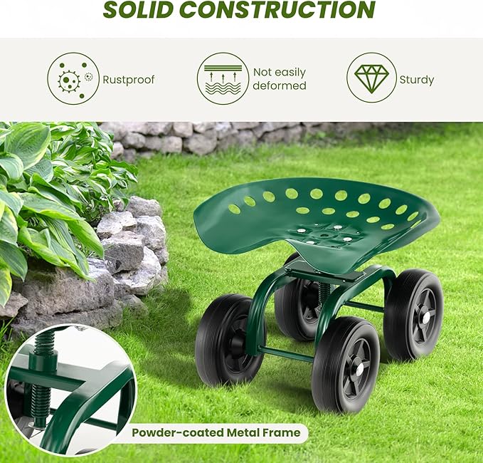 LDAILY Garden Seat with Wheels, Heavy-Duty Utility Stool Cart with Adjustable 11"-16" Height & 360° Rotatable, Rolling Garden Cart with Seat for Lawn Planting, Yard Work, Patio Gardening (Green)