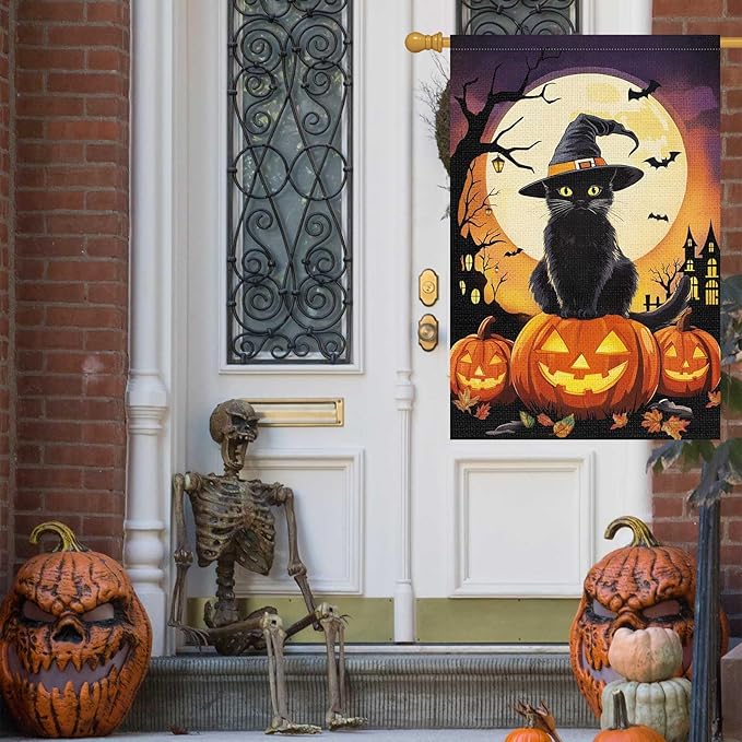 Louise Maelys Halloween Garden Flag Black Cat Witch Hat Pumpkin 28x40 Inch Double Sided Boo Moon Holiday Seasonal Fall Autumn Large Burlap Yard Sign Outside Outdoor House Decoration