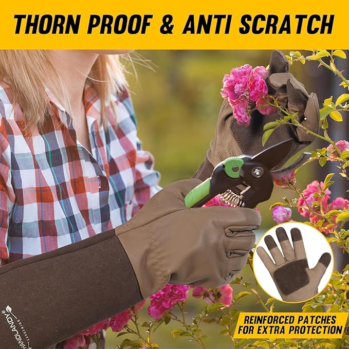 Rose Pruning Gloves for Men & Women, Long Thorn Proof Gardening Gloves, Breathable Pigskin Leather Gauntlet, Best Garden Gifts & Tools for Gardener (Coffee Colour, L)