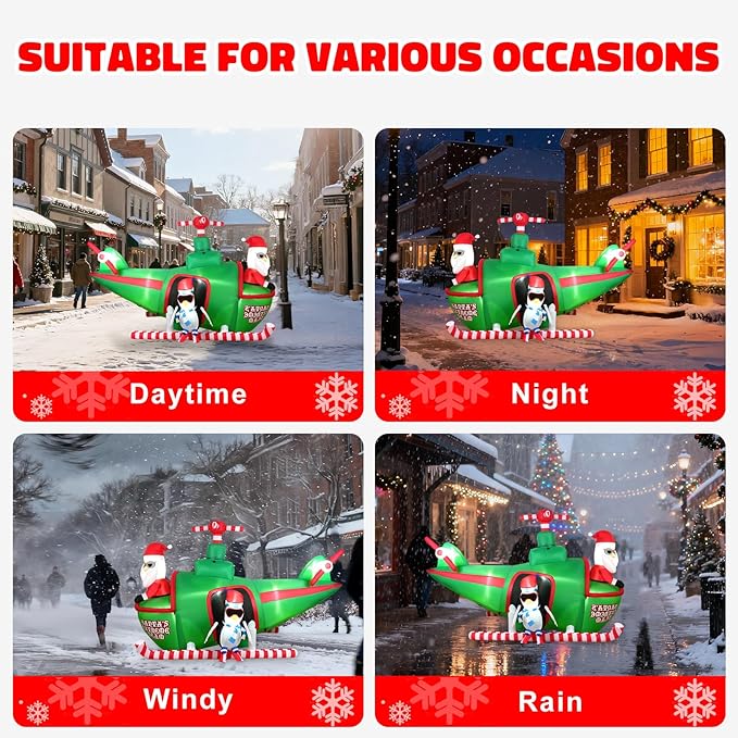 HFO 8ft Wide&5.5ft Tall Christmas Inflatable Outdoor Decorations, Blow up Yard Decor with Santa Claus to Fly a Helicopter with a Penguin, Bright LED Lights Christmas Outdoor Decorations