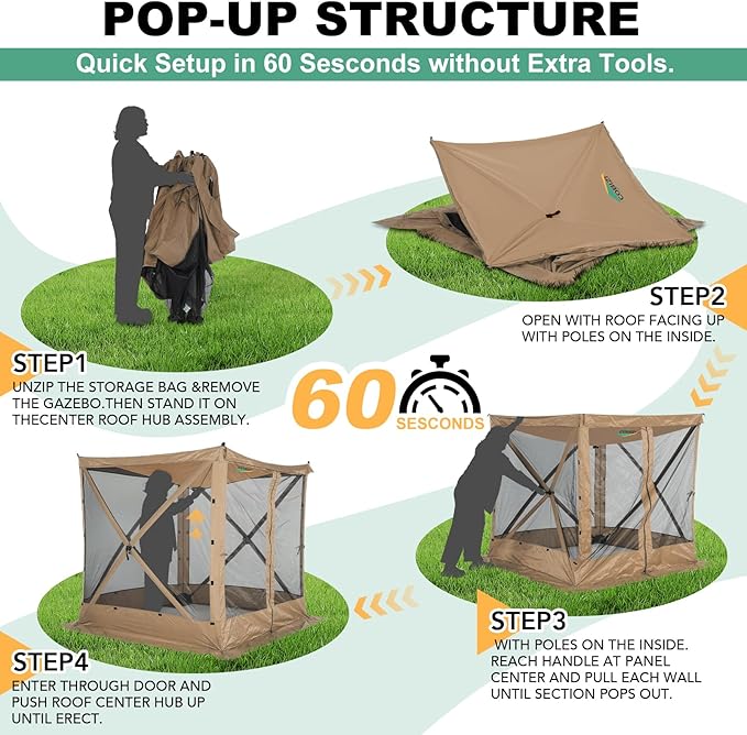 COBIZI 6x6 Pop up Gazebo Tent, Ez up Waterproof Screen Tent Screen House, Portable Outdoor Canopy Sun Shelter with Carry Bag & Ground Stakes for Camping, Garden and Picnics, Khaki(Upgraded 2.0)