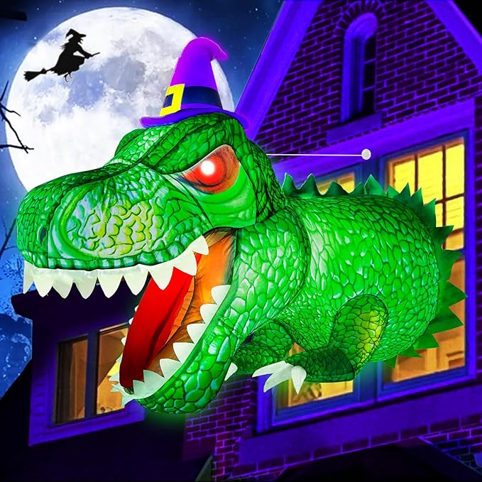 4Ft Halloween Inflatables Decorations Outdoor Dinosaur Broke Out from Window with Built-in LED Vivid T-Rex Blow Up Inflatable for Indoor Home Party Yard Garden Lawn Decor Green zu-74521