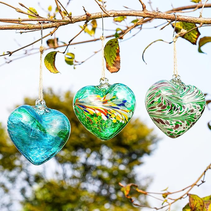 Set of 3 Green Blown Glass Heart Ornaments 4 Inch Hanging Decor for Outdoor Unique Home Garden Patio Decoration for Mom Wife