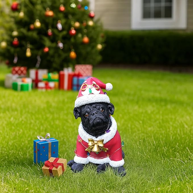 Christmas Outdoor Decoration Dog Statue, LED Light Cute English Bulldog Sculpture with Santa Outfit & Lights for Garden and Yard, Indoor Holiday Décor Gift for mom and dad