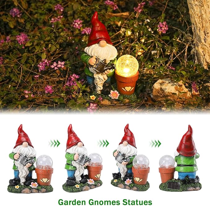Garden Gnome Statue, Resin Pots with Crack Ball Gnome Figurine with Solar Lights for Porch Patio Yard Outdoor Decor