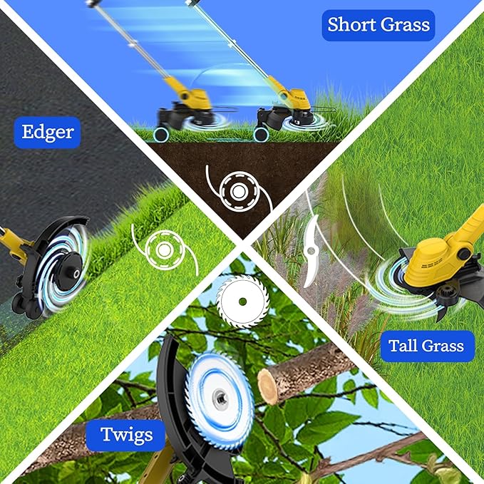 20000 RPM(4.0AhX1) Electric Weed Wacker,Dual-Durable-Line,Metal Blades,Wheel,4-in-1 Cordless Weed Eater+Battery Powered String Trimmer+Edger Lawn Tool+Brush Cutter,Weed Whacker,Weed Trimmer Lawn